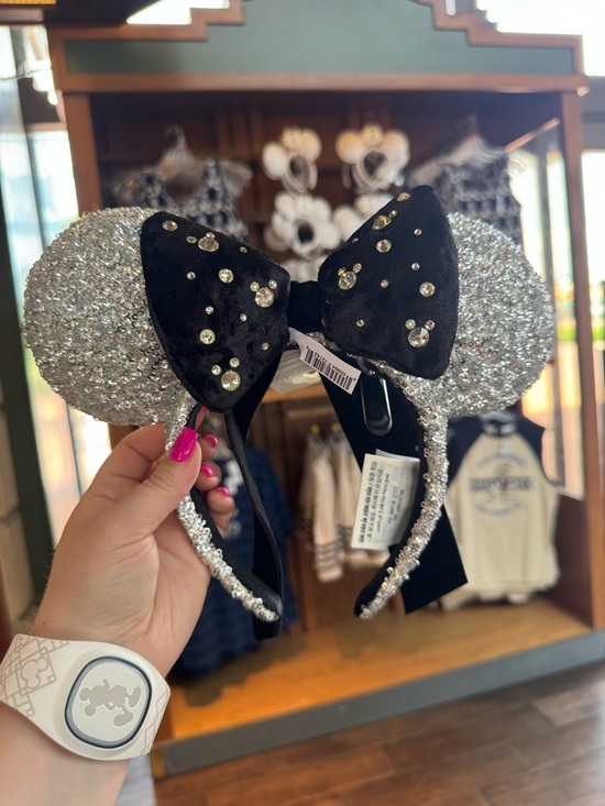 Disney Accessories - Disney Silver Sequin Minnie Ears Headband with Black Velvet Bow and Rhinestones